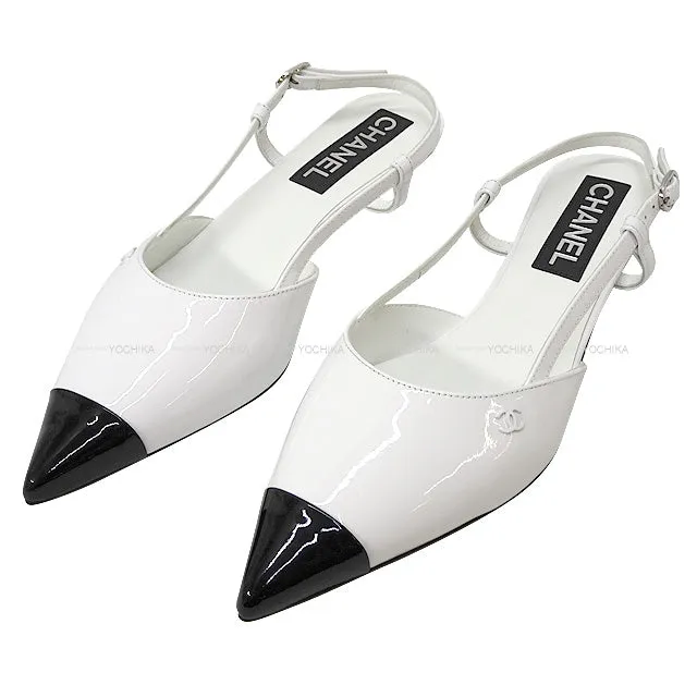 2022AW NEW CHANEL sandals Bicolor SLING-BACK Low heel shoes Blanc (White)/Noir (Black) Patent Enamel Leather #37 Silver HW G39537[BRAND NEW][Authentic]