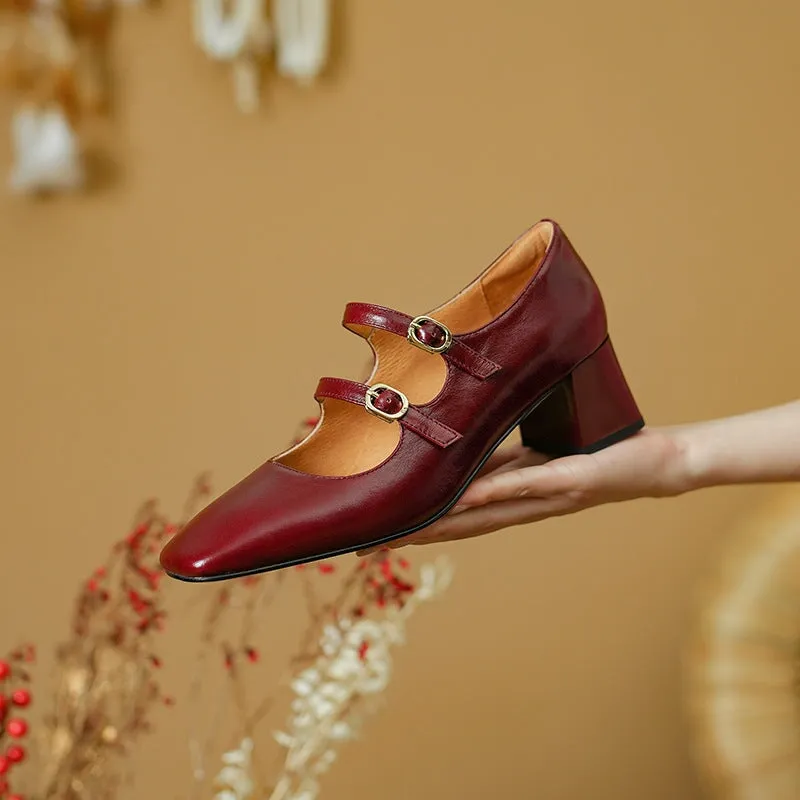 Block Heel Dress Shoes Handmade Leather Mary Jane Pumps Double-strap in Red/Brown