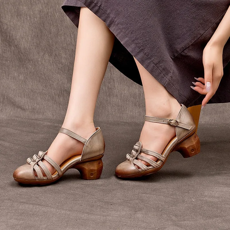 Block Heel  Sandals For Women Ankle Strap Leather Pumps in Gray