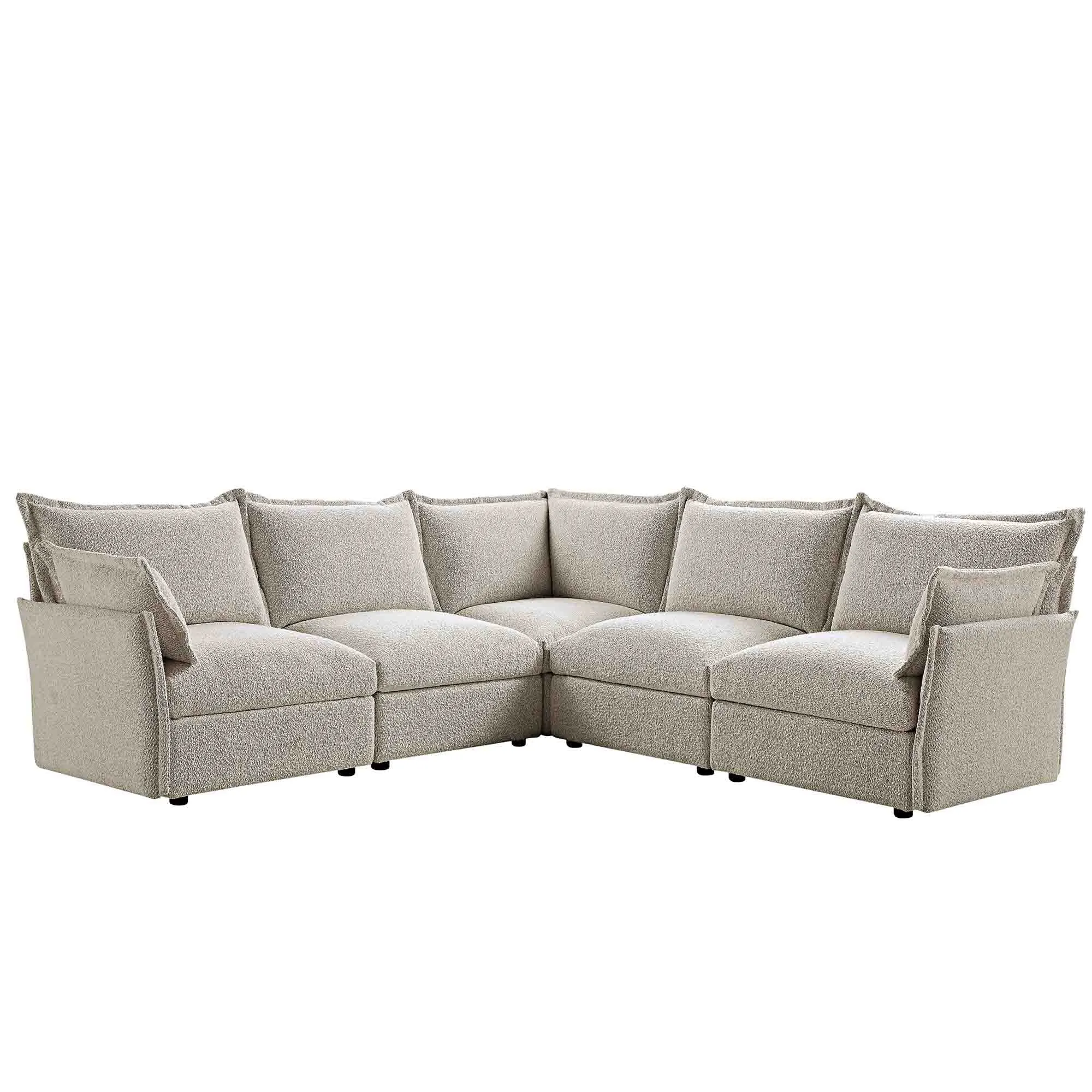 Byron Pillow Edge Mist Grey Boucle Modular Sofa, 5-Seater Corner