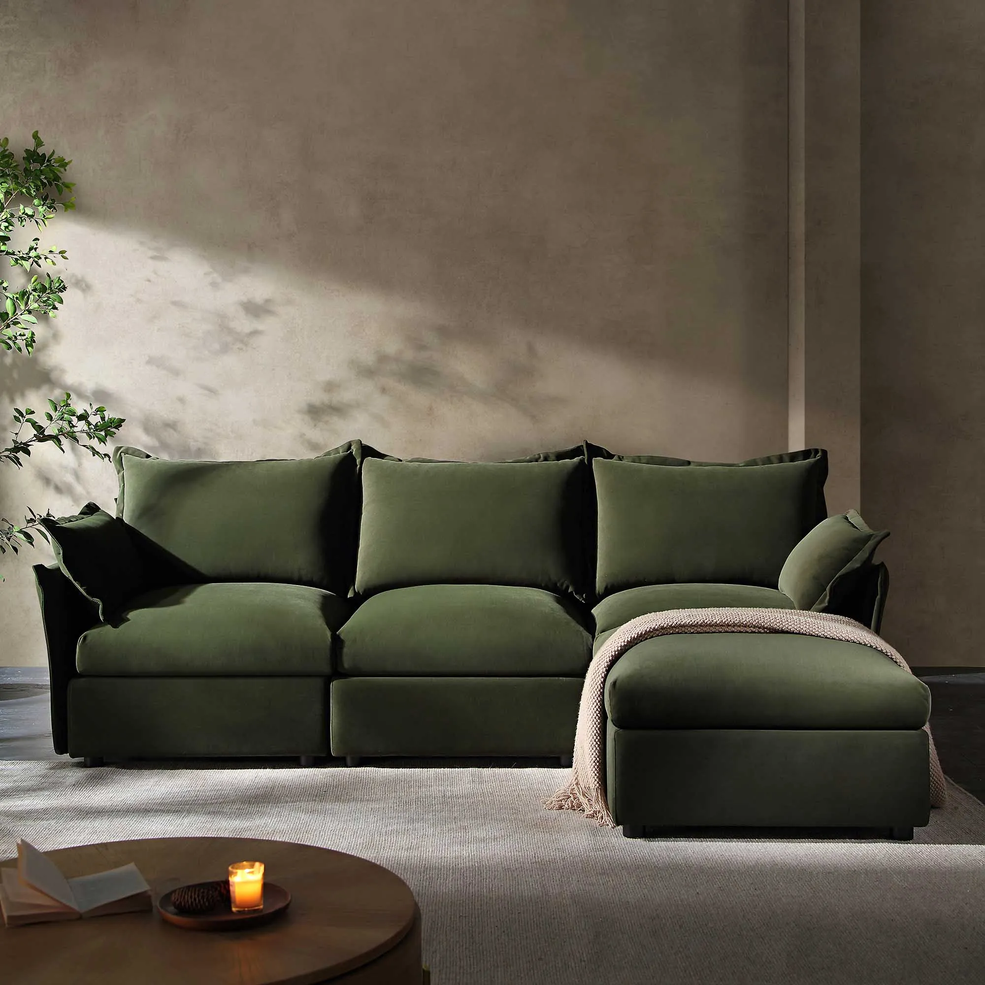 Byron Pillow Edge Moss Green Velvet Modular Sofa, 3-Seater Chaise