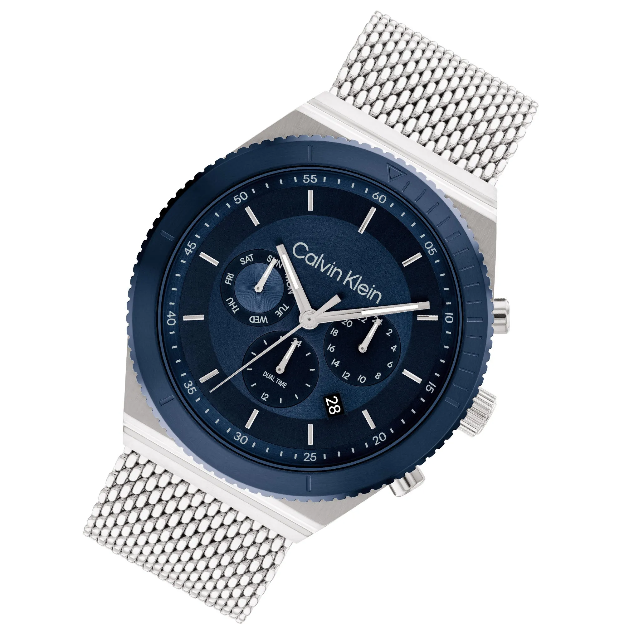 Calvin Klein Silver Steel Mesh Blue Dial Multi-function Men's Watch - 25200305