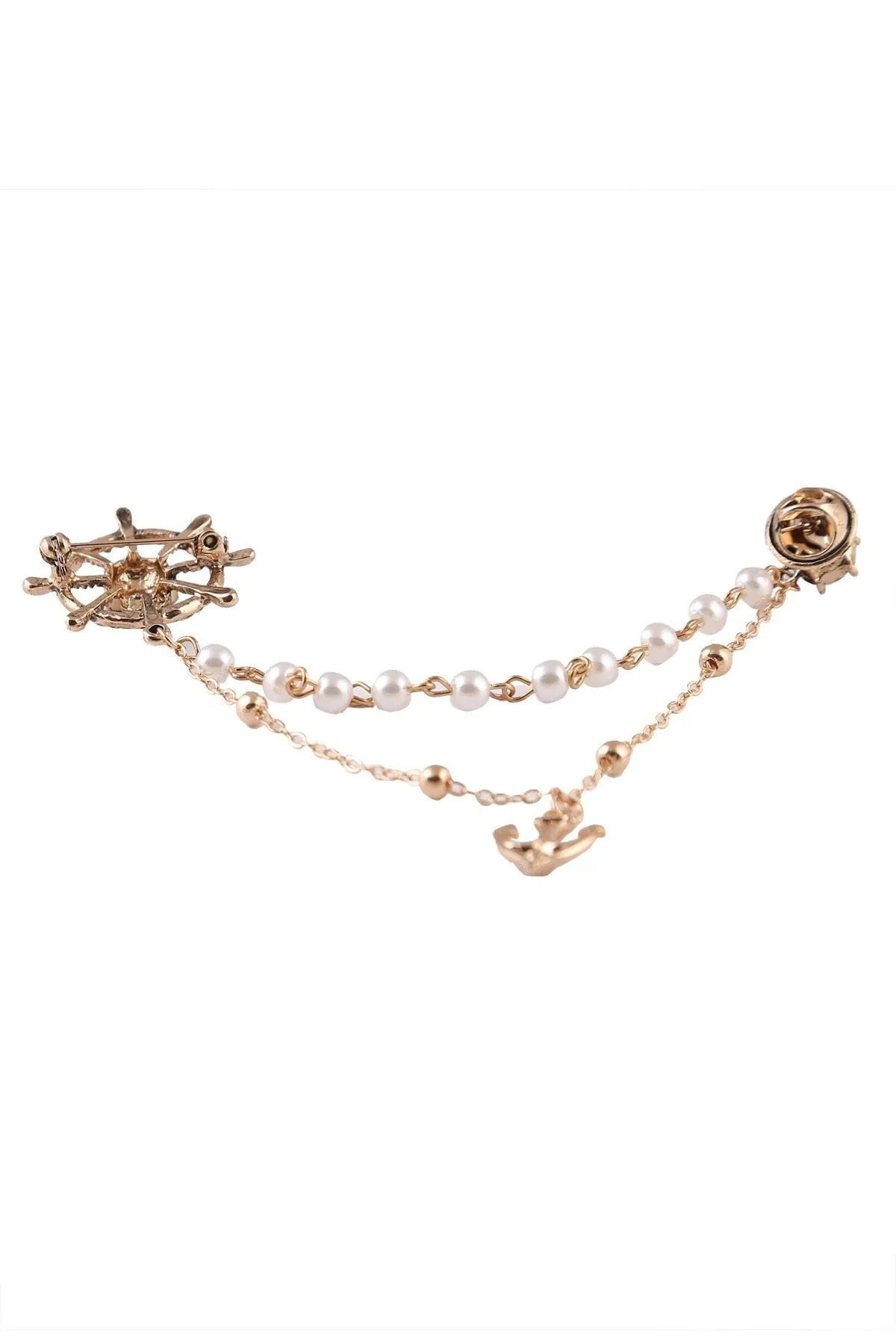 Diamond Wheel Skull Head Pearl and Chain Hanging Brooch