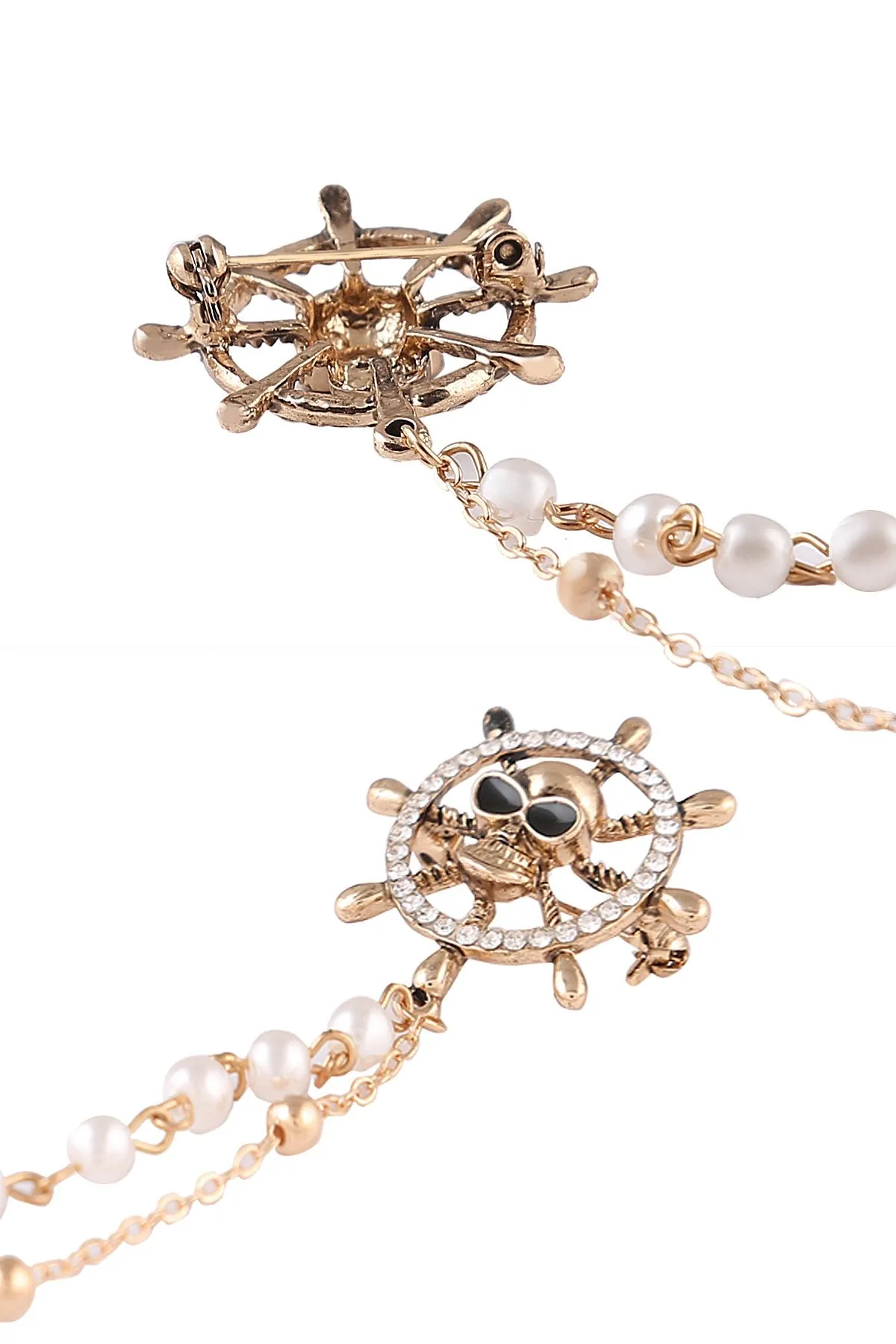 Diamond Wheel Skull Head Pearl and Chain Hanging Brooch