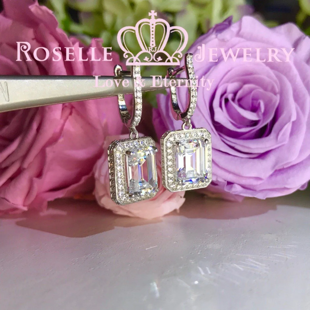 Emerald Cut Halo Drop Earrings - DE2