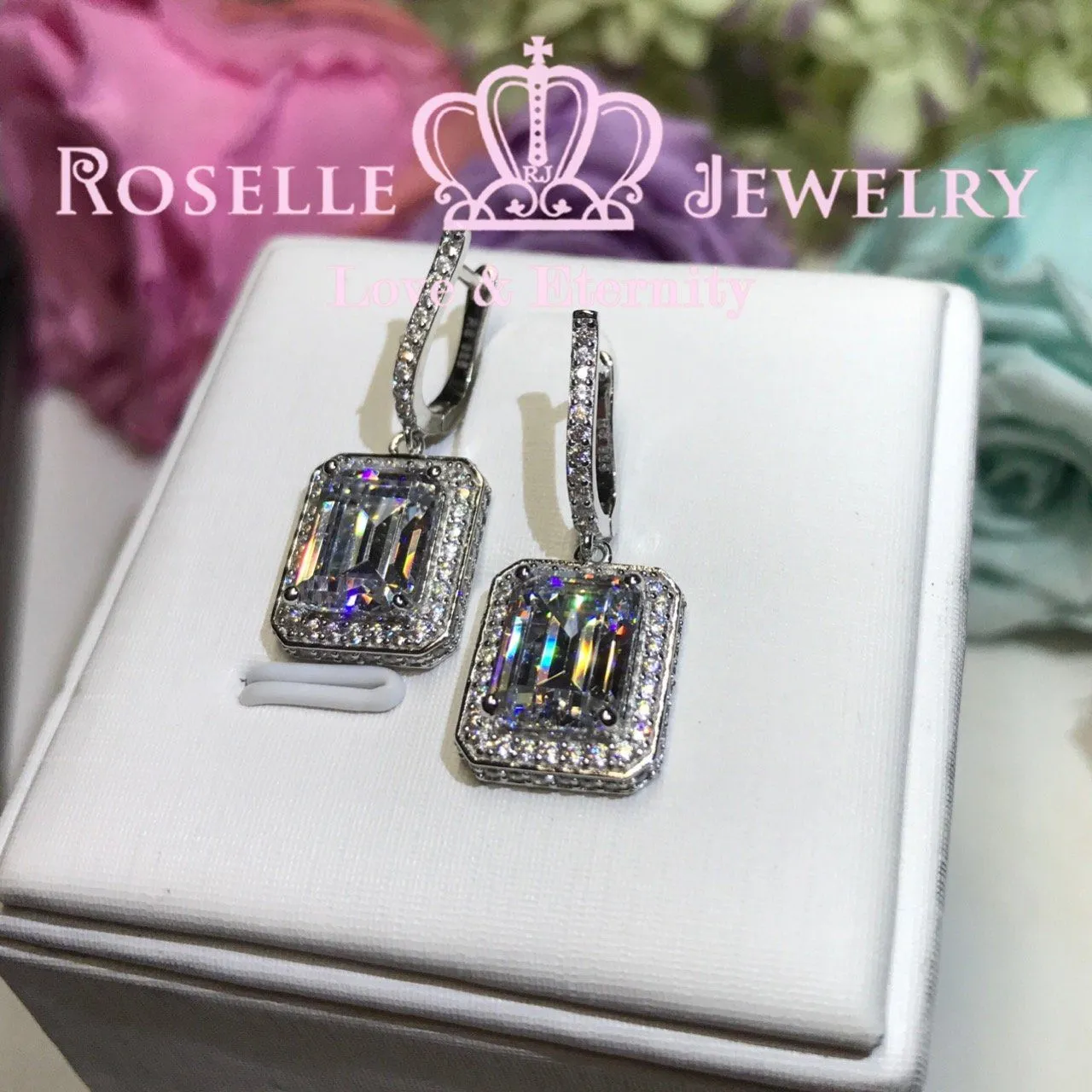 Emerald Cut Halo Drop Earrings - DE2