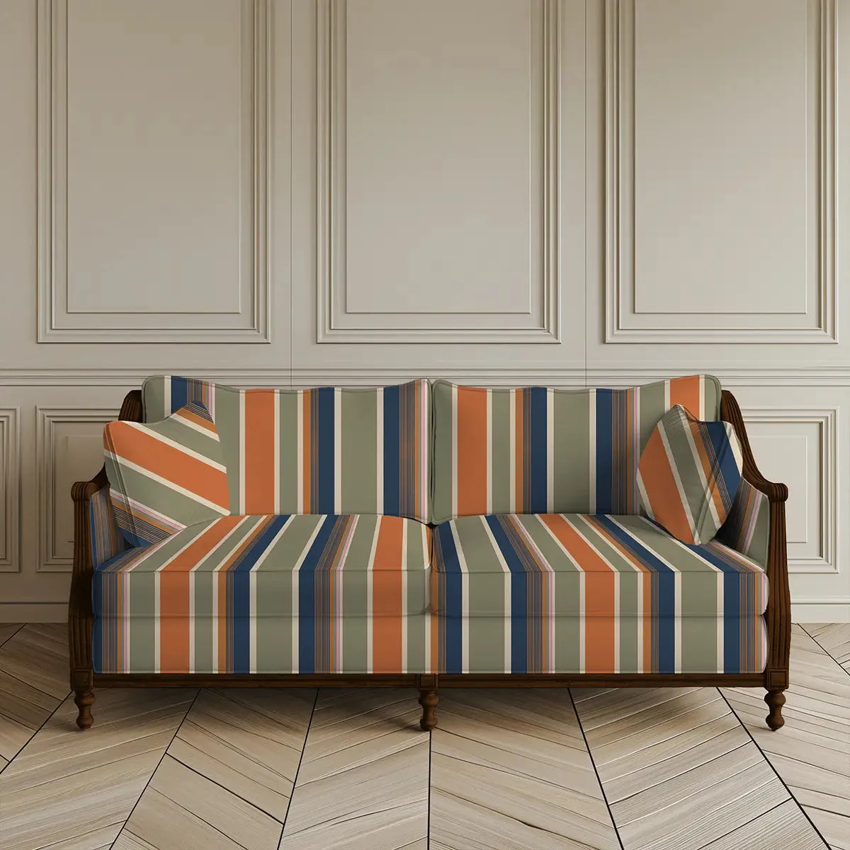 English Style Stripes Sofa and Chairs upholstery Fabric Orange, Green and Blue