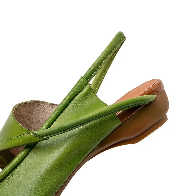 Genuine Leather Block Heel Sandals For Women Round Toe Mules in Green