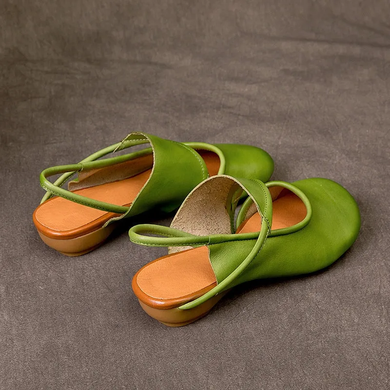 Genuine Leather Block Heel Sandals For Women Round Toe Mules in Green