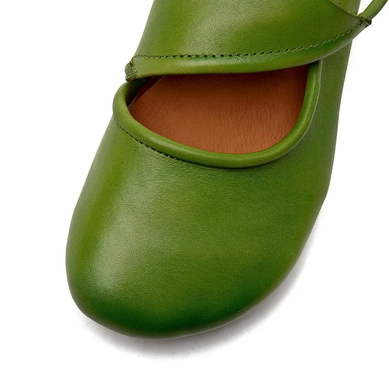 Genuine Leather Block Heel Sandals For Women Round Toe Mules in Green