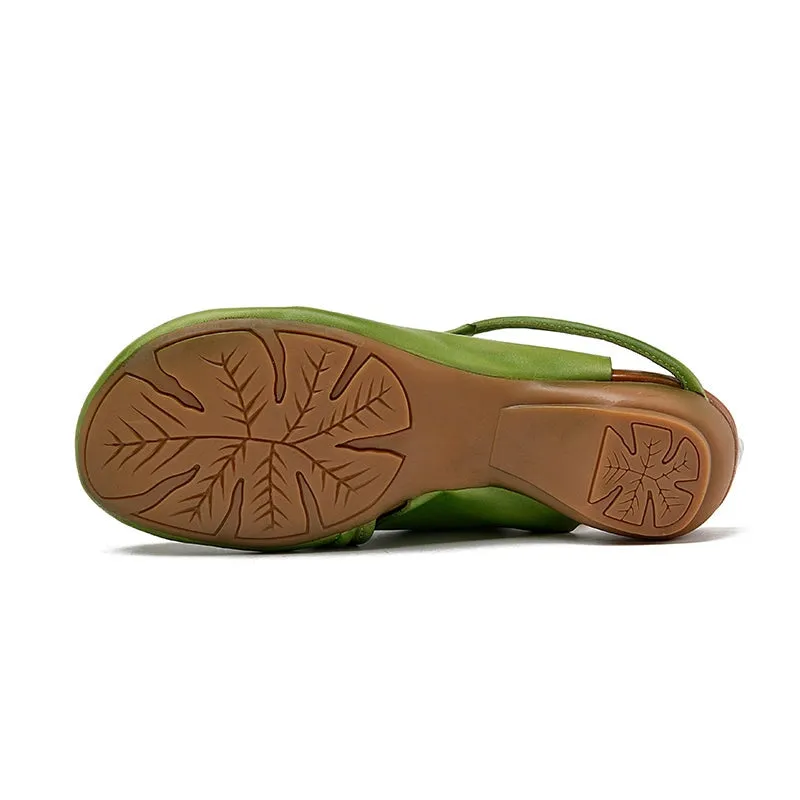 Genuine Leather Block Heel Sandals For Women Round Toe Mules in Green