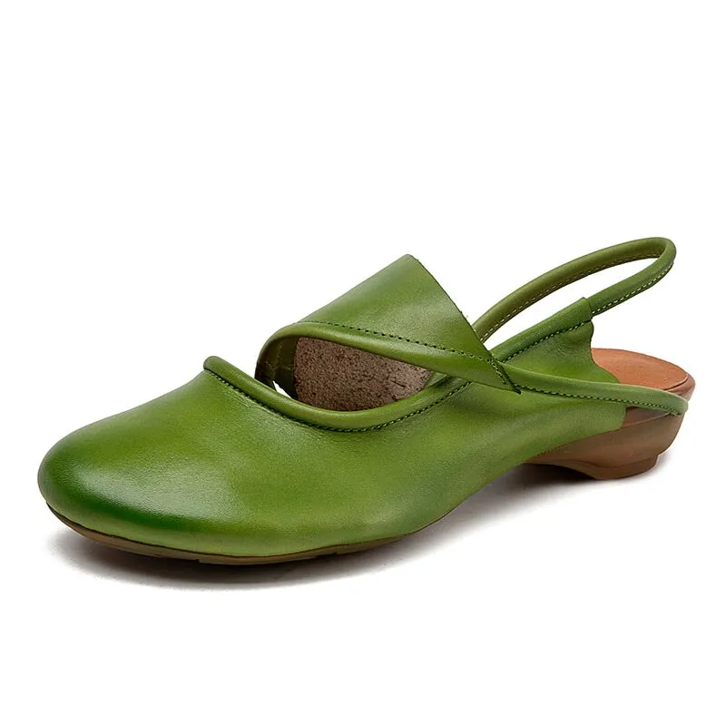 Genuine Leather Block Heel Sandals For Women Round Toe Mules in Green