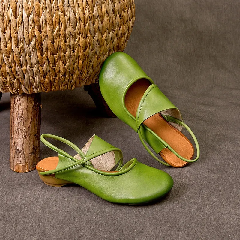 Genuine Leather Block Heel Sandals For Women Round Toe Mules in Green