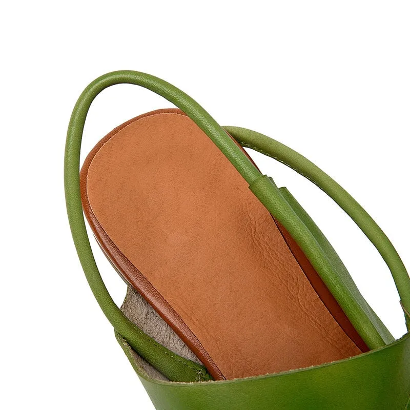 Genuine Leather Block Heel Sandals For Women Round Toe Mules in Green