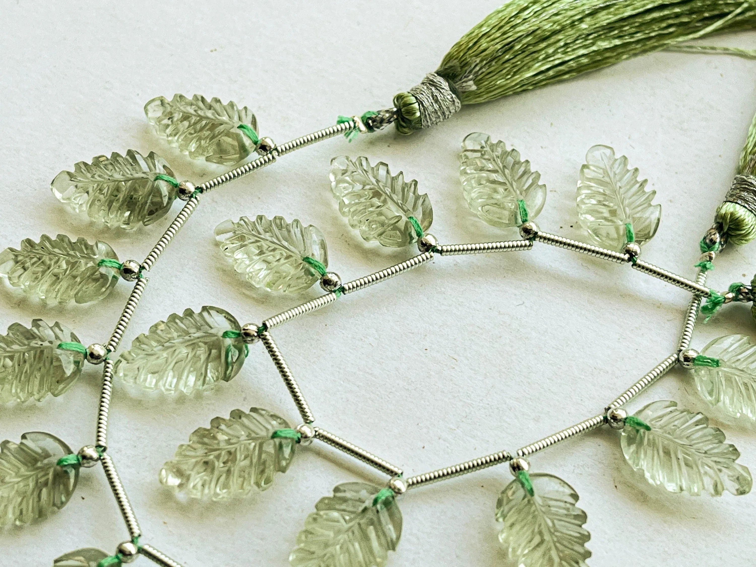 Green Amethyst Leaf carved Beads