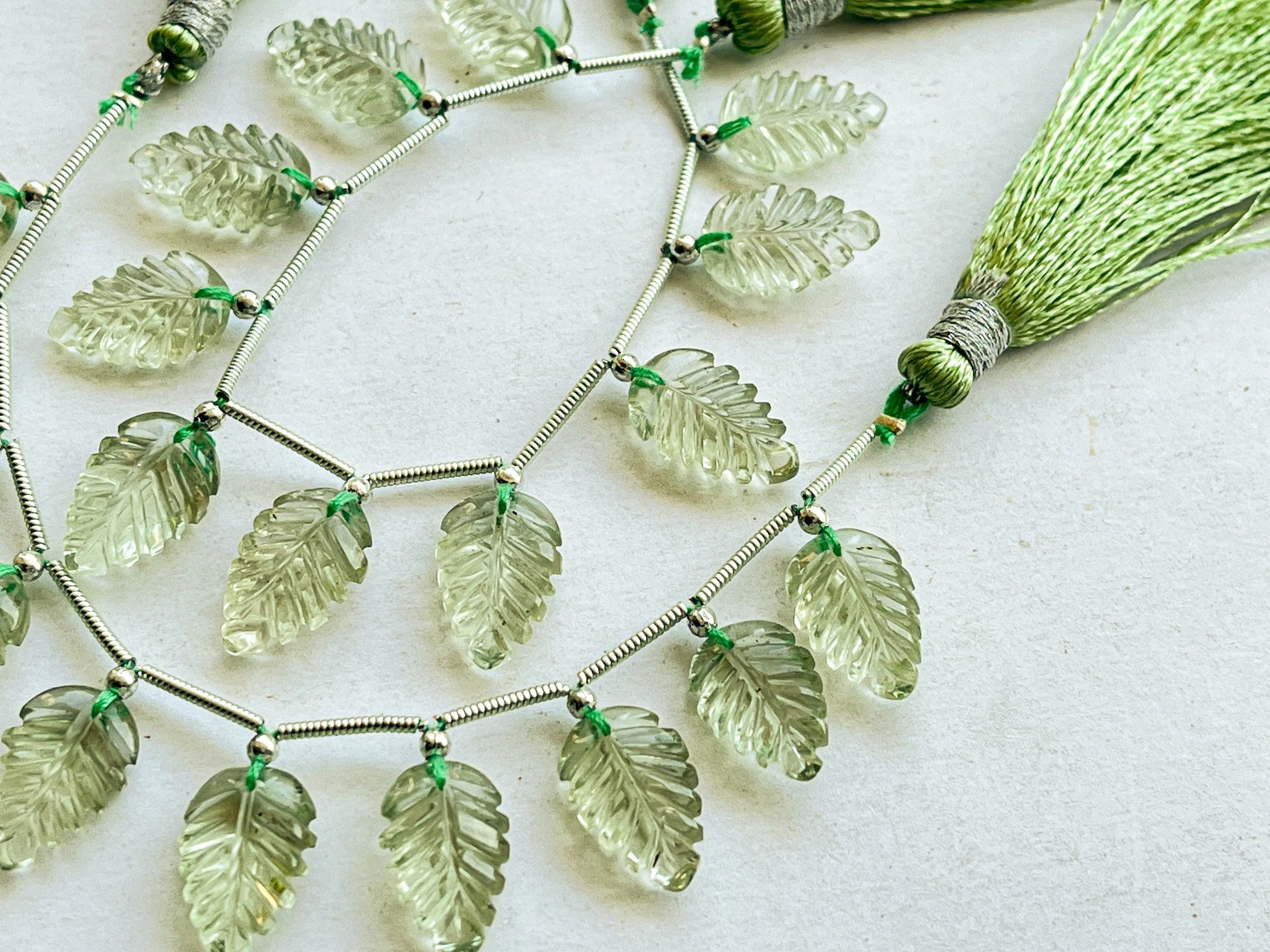 Green Amethyst Leaf carved Beads