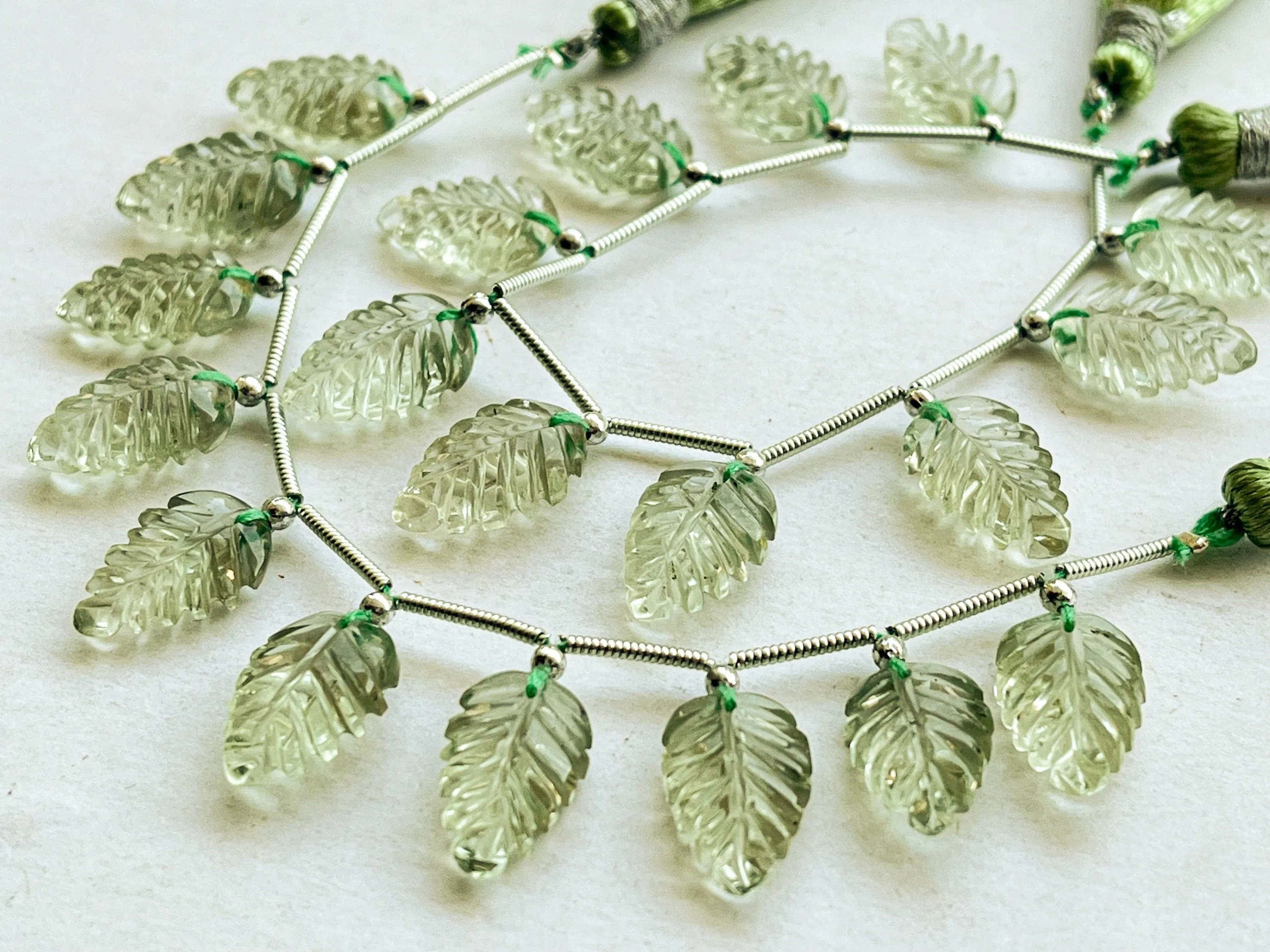 Green Amethyst Leaf carved Beads