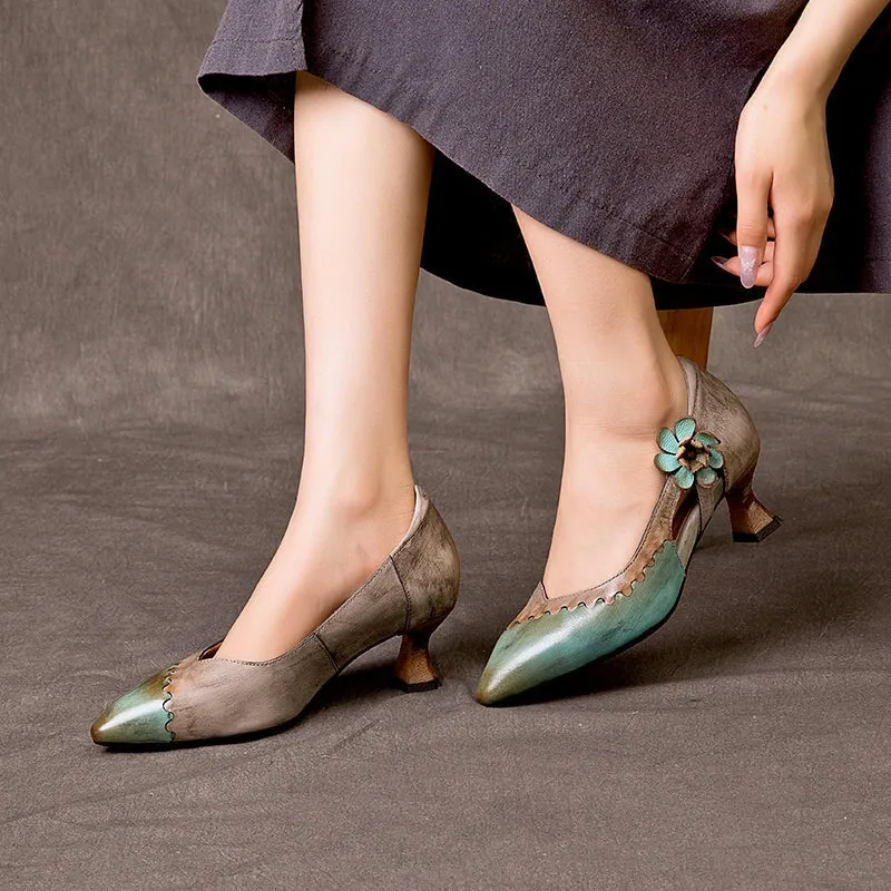 Handmade Cow Leather Pumps Women Point Toe Flowers Kitty Heel in Gray