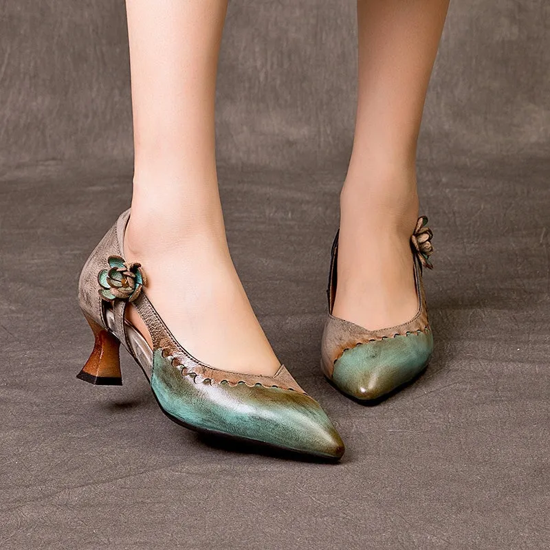 Handmade Cow Leather Pumps Women Point Toe Flowers Kitty Heel in Gray