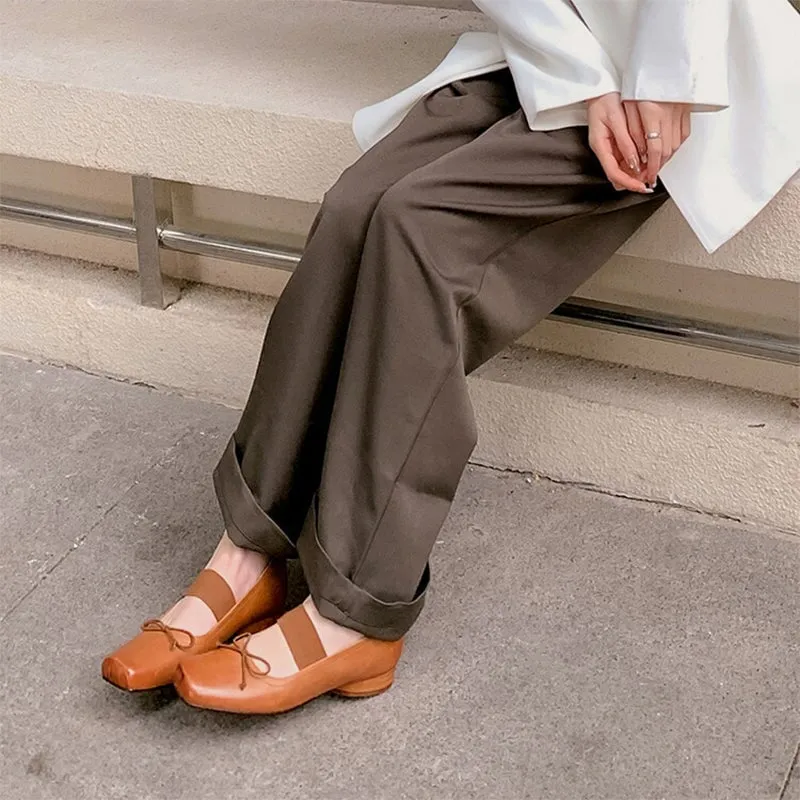 Handmade Leather Mary Jane Flats Elastic Band with Bow in Brown/Black/Beige