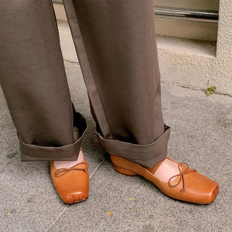 Handmade Leather Mary Jane Flats Elastic Band with Bow in Brown/Black/Beige