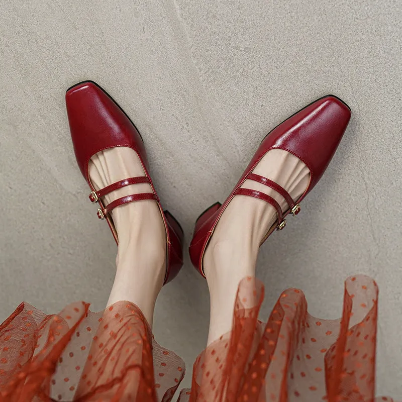 Handmade Leather Mary Jane Pumps Block Heel Office Shoes Double-strap in Red/Black