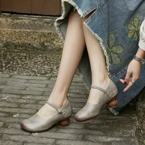 Handmade Leather Mary Jane Pumps Strappy Block Heel in Coffee/Beige