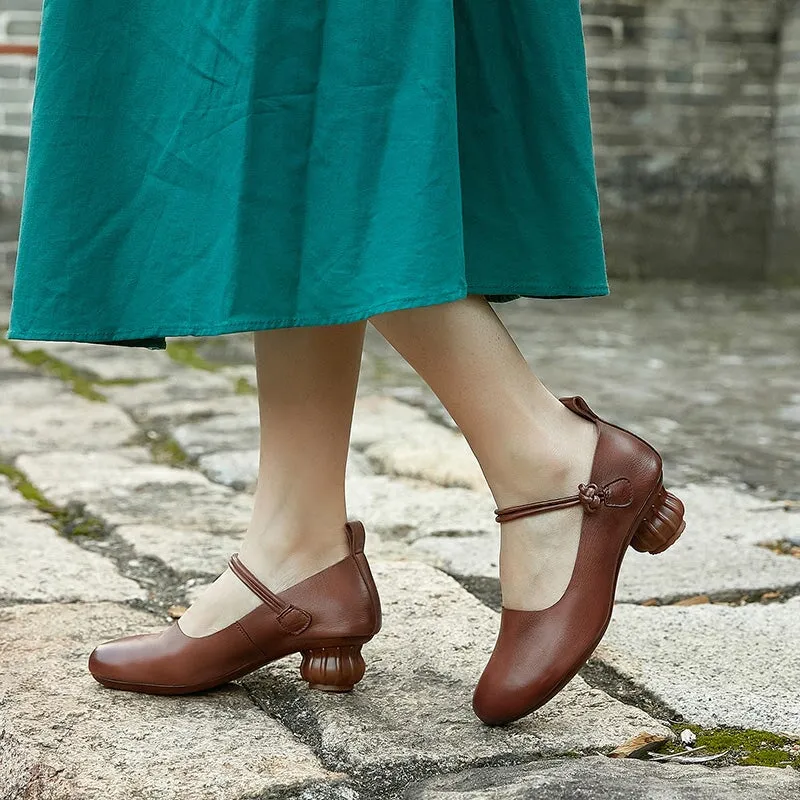 Handmade Leather Mary Jane Pumps Strappy Block Heel in Coffee/Beige