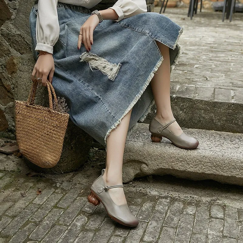 Handmade Leather Mary Jane Pumps Strappy Block Heel in Coffee/Beige