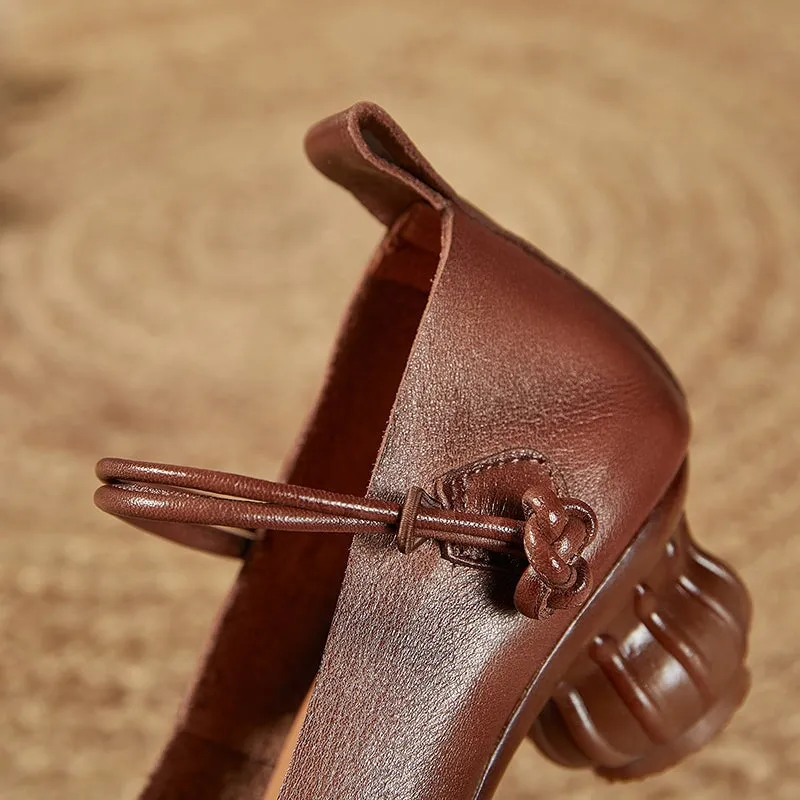 Handmade Leather Mary Jane Pumps Strappy Block Heel in Coffee/Beige