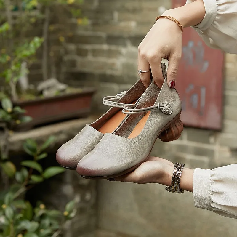 Handmade Leather Mary Jane Pumps Strappy Block Heel in Coffee/Beige