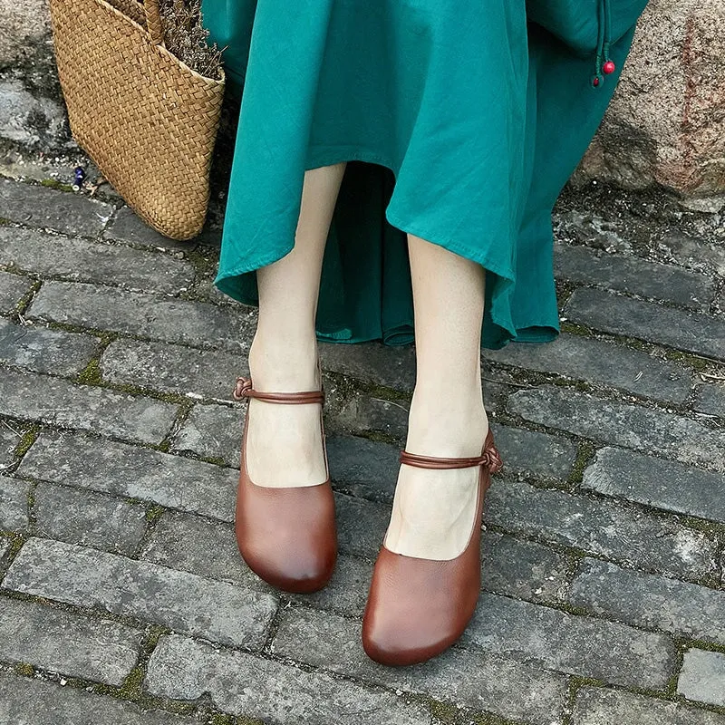 Handmade Leather Mary Jane Pumps Strappy Block Heel in Coffee/Beige