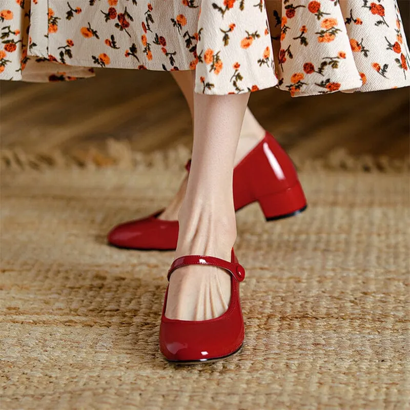 Handmade Leather Strappy Mary Jane Pumps with 30mm Block Heel in Red/Black