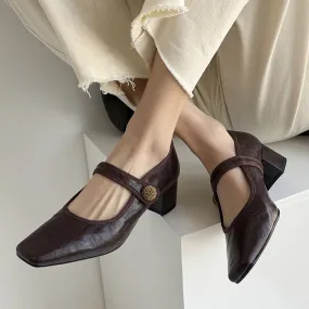 Handmade Leather Strappy Mary Jane Pumps with Gold Buckle Block Heel in Brown/Black