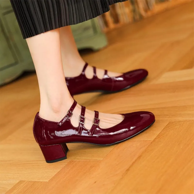 Handmade Patent Leather Mary Jane Pumps 40mm Triple-strap Block Heel in Red/Black