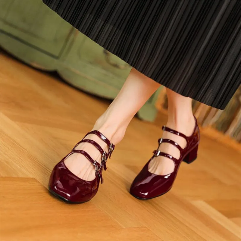 Handmade Patent Leather Mary Jane Pumps 40mm Triple-strap Block Heel in Red/Black