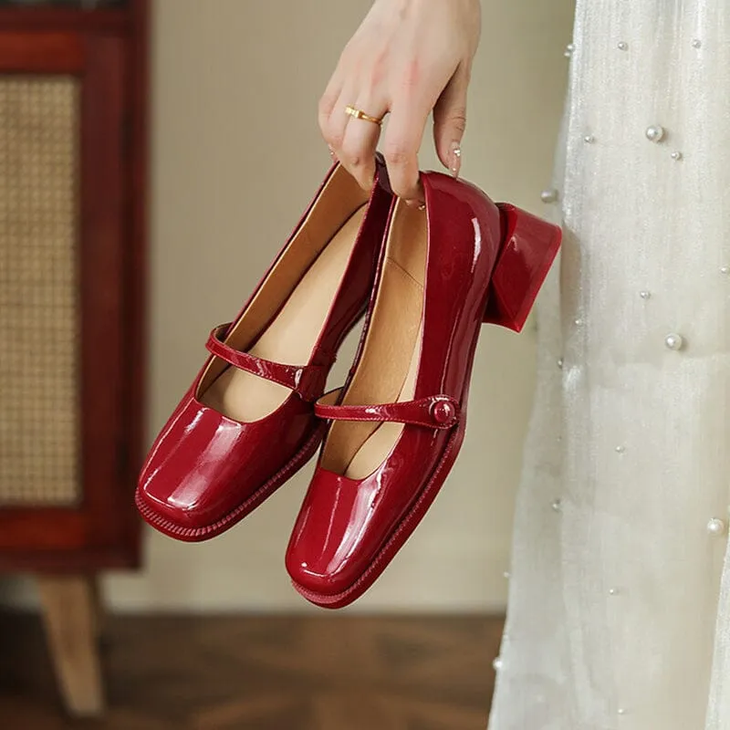 Handmade Patent Leather Mary Jane Pumps Block Heel Office Shoes in Red/Black