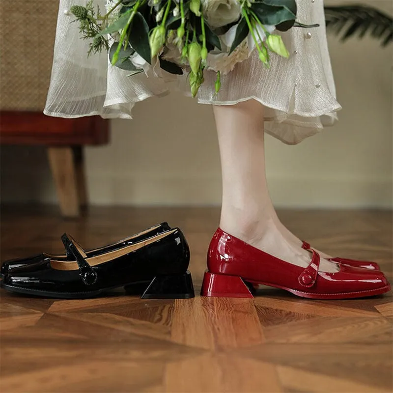 Handmade Patent Leather Mary Jane Pumps Block Heel Office Shoes in Red/Black