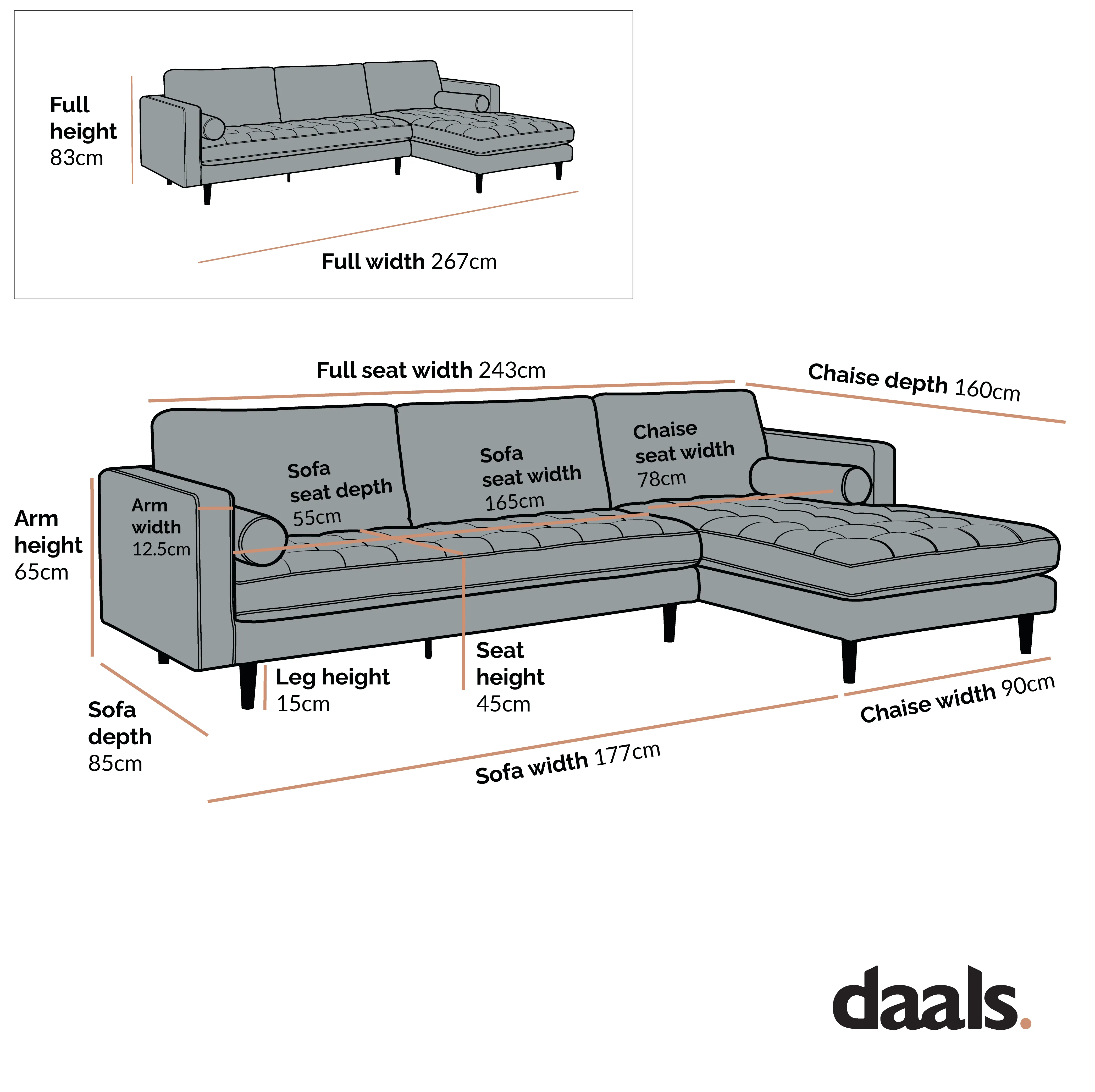 Henrietta Grand 4-Seater RHF Chaise End Sofa, Tan Faux Suede