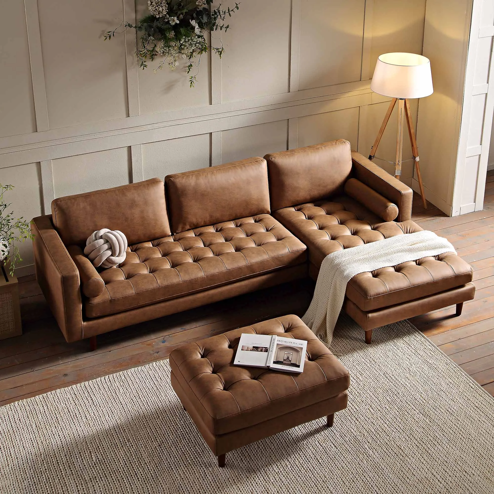 Henrietta Grand 4-Seater RHF Chaise End Sofa, Tan Faux Suede