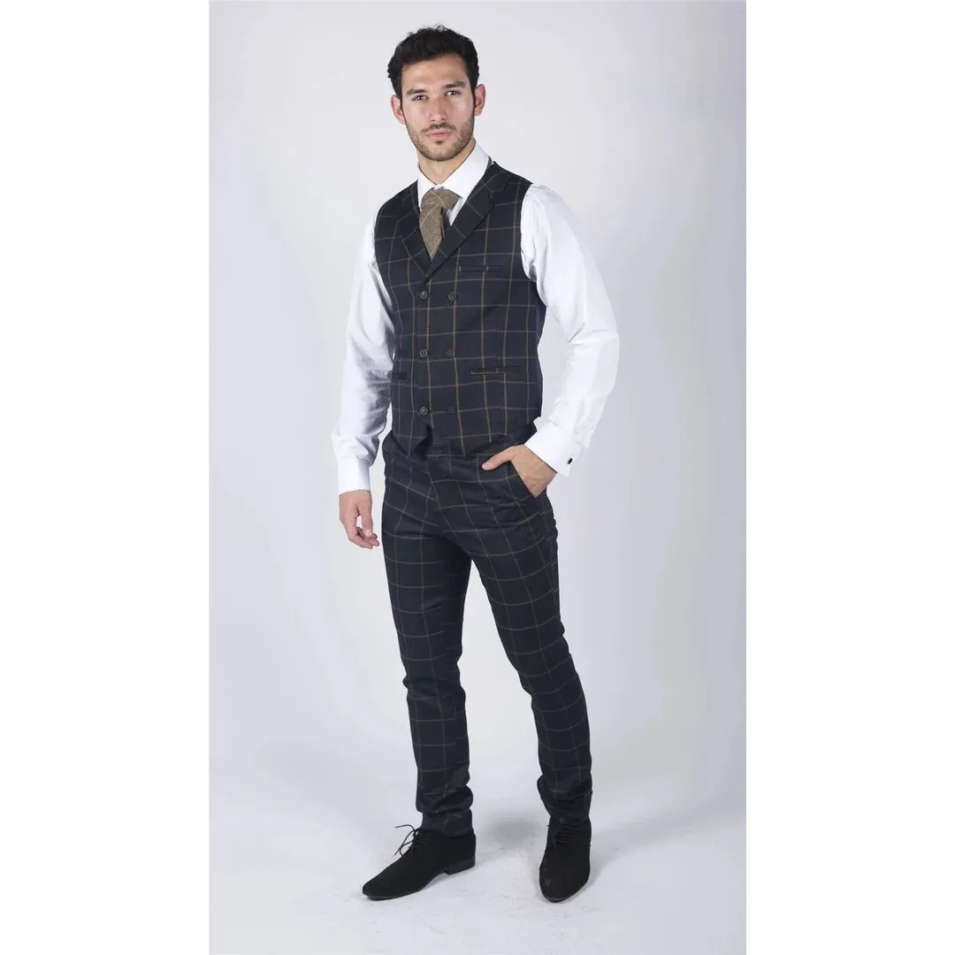 Kempson - Men's Double Breasted Herringbone Tweed Blinders Check Waistcoat