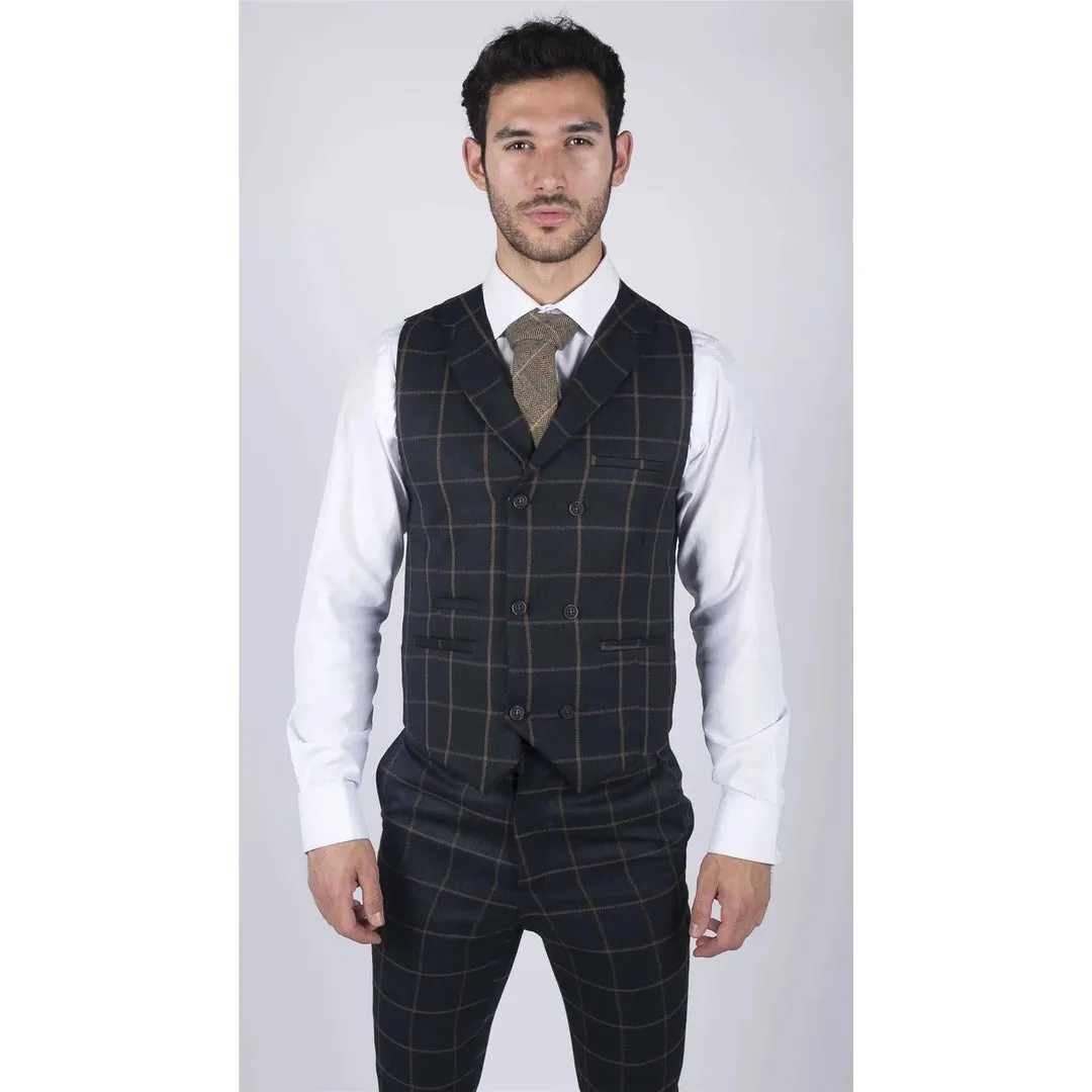 Kempson - Men's Double Breasted Herringbone Tweed Blinders Check Waistcoat