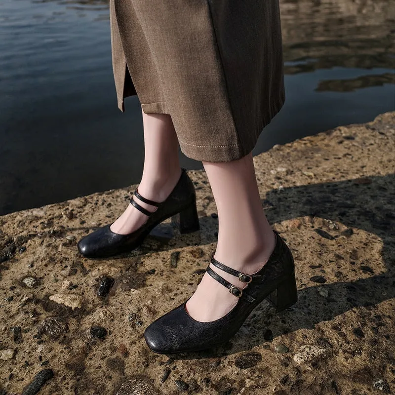 Leather Mary Jane Pumps Double Strappy 50mm Block Heel Dress Shoes in Brown/Black