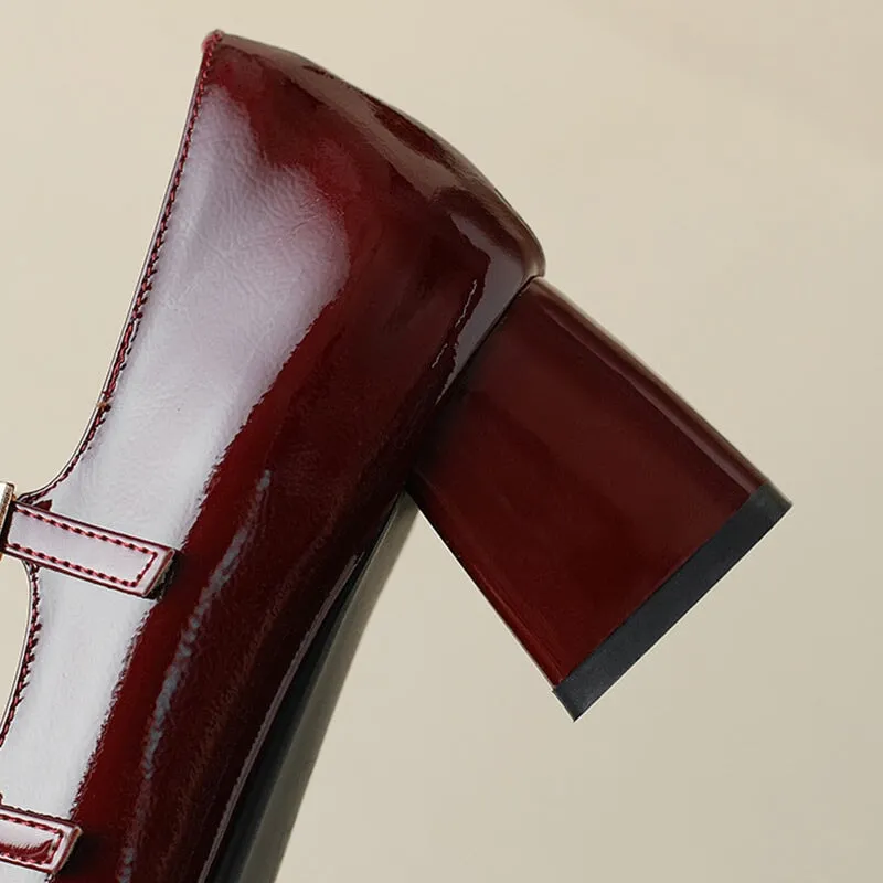 Leather T strap Detail Mary Jane Pumps Block Heel Square Toe in Red/Brown/Apricot