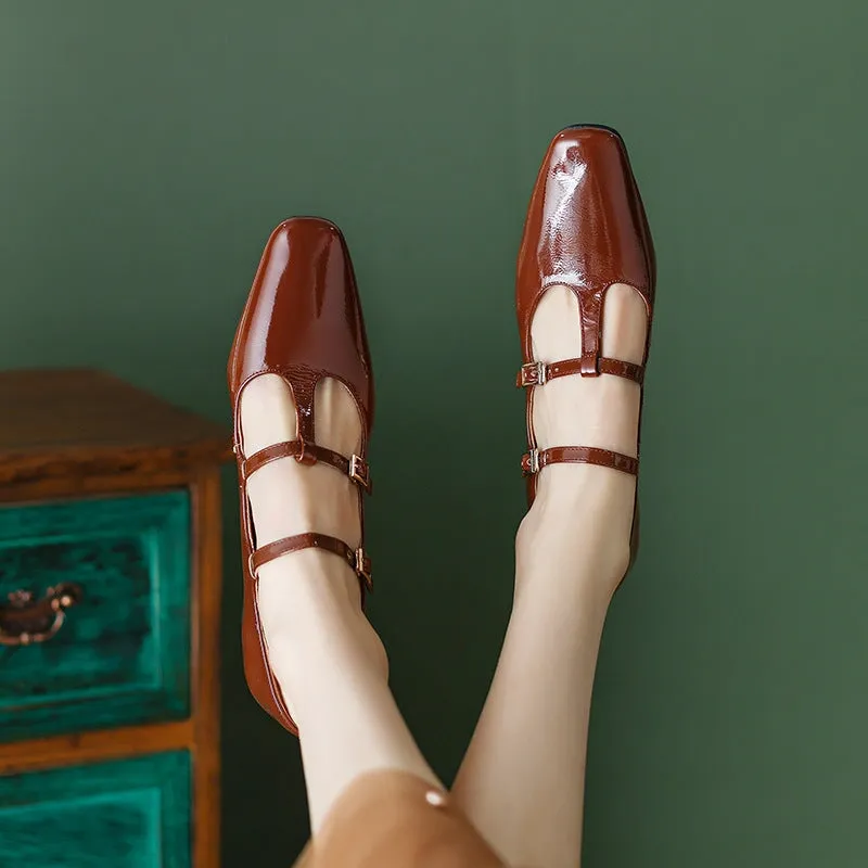 Leather T strap Detail Mary Jane Pumps Block Heel Square Toe in Red/Brown/Apricot