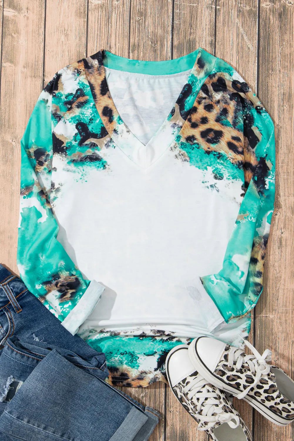 Light Blue Leopard Tie Dye Western Long Sleeve Top