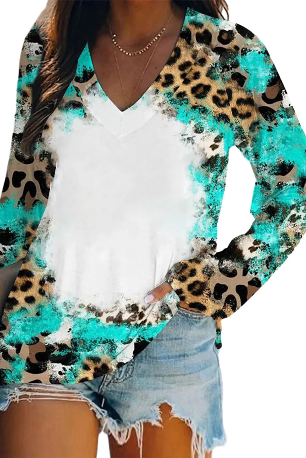 Light Blue Leopard Tie Dye Western Long Sleeve Top