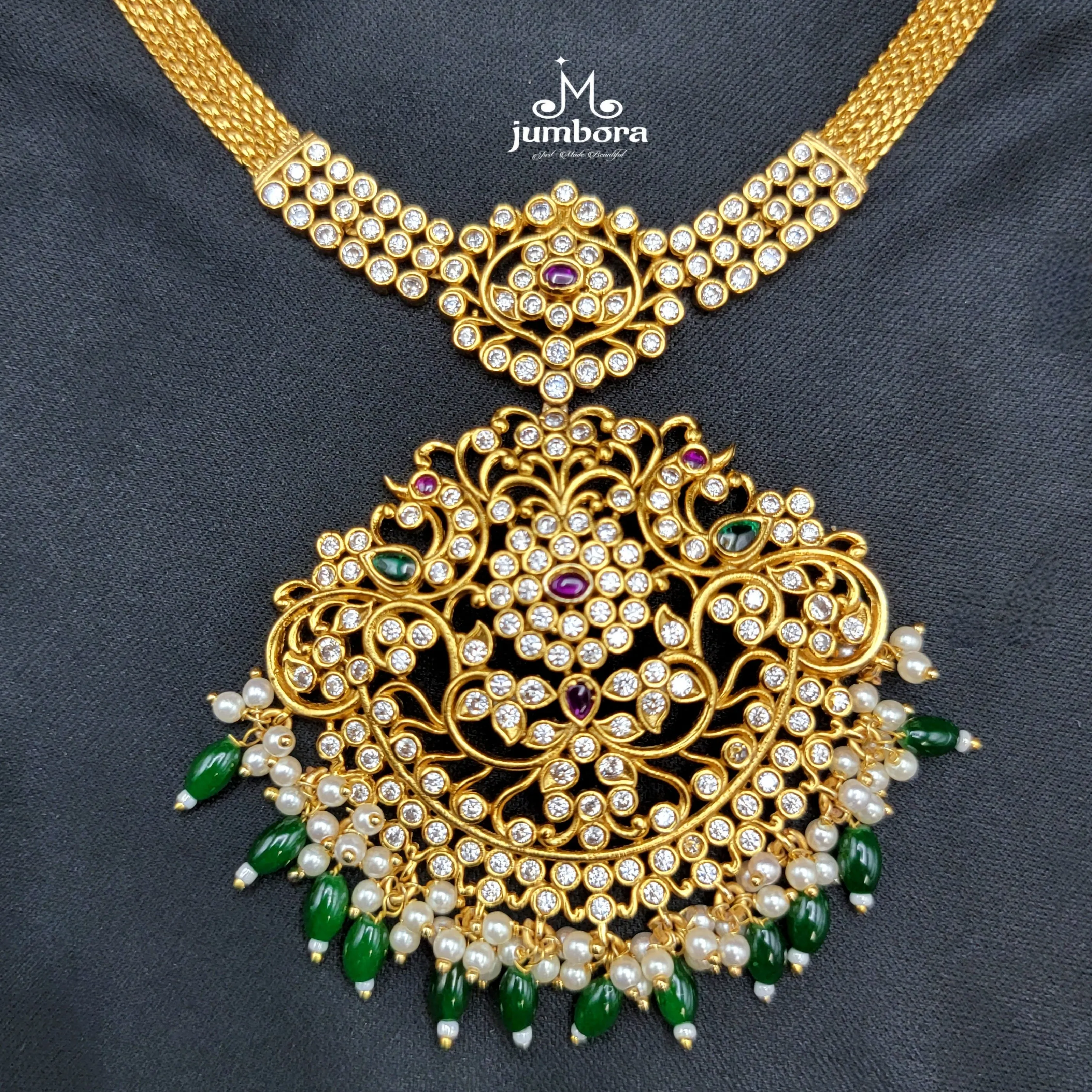 Matte Gold Addigai Style Big Pendant AD Zircon Necklace Set