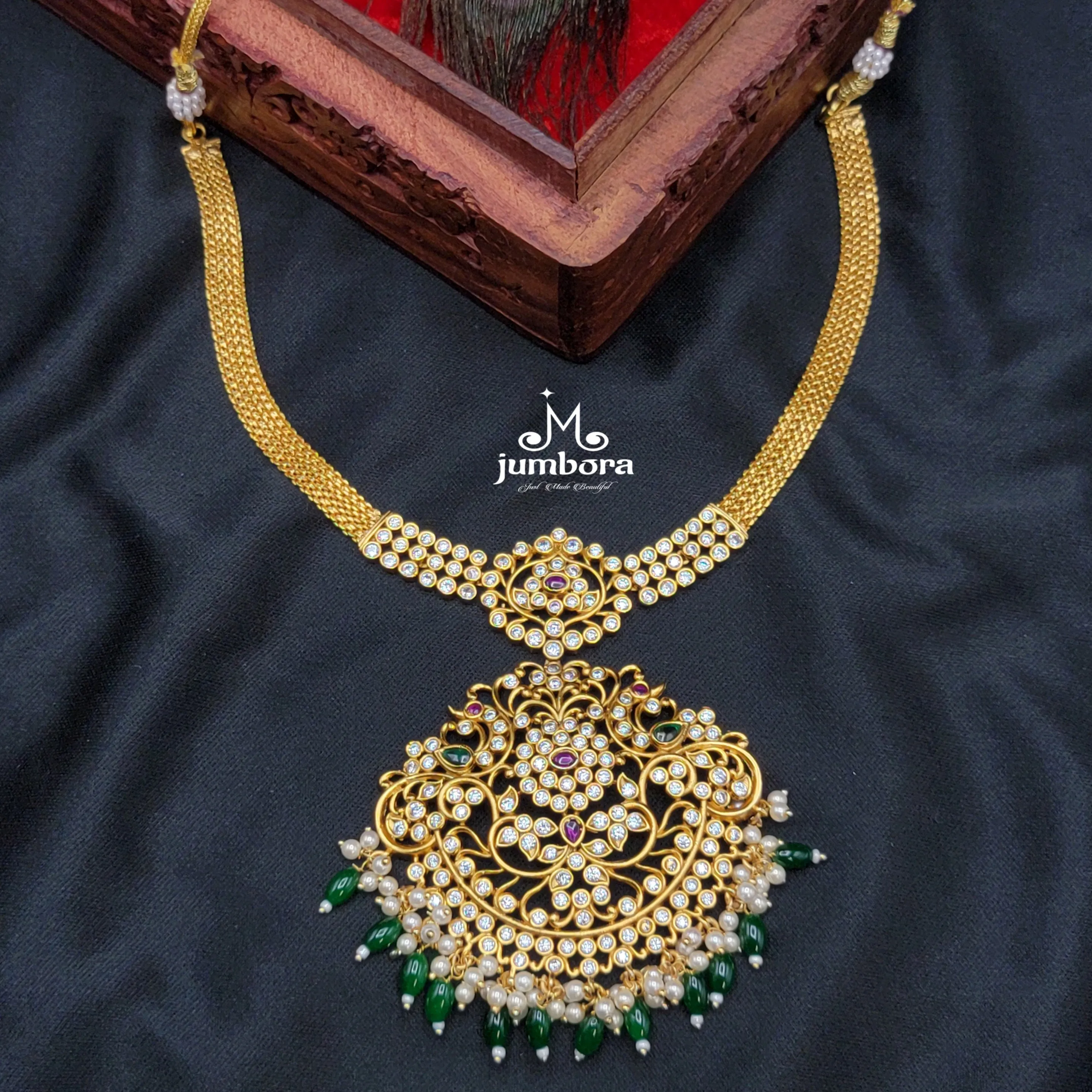 Matte Gold Addigai Style Big Pendant AD Zircon Necklace Set