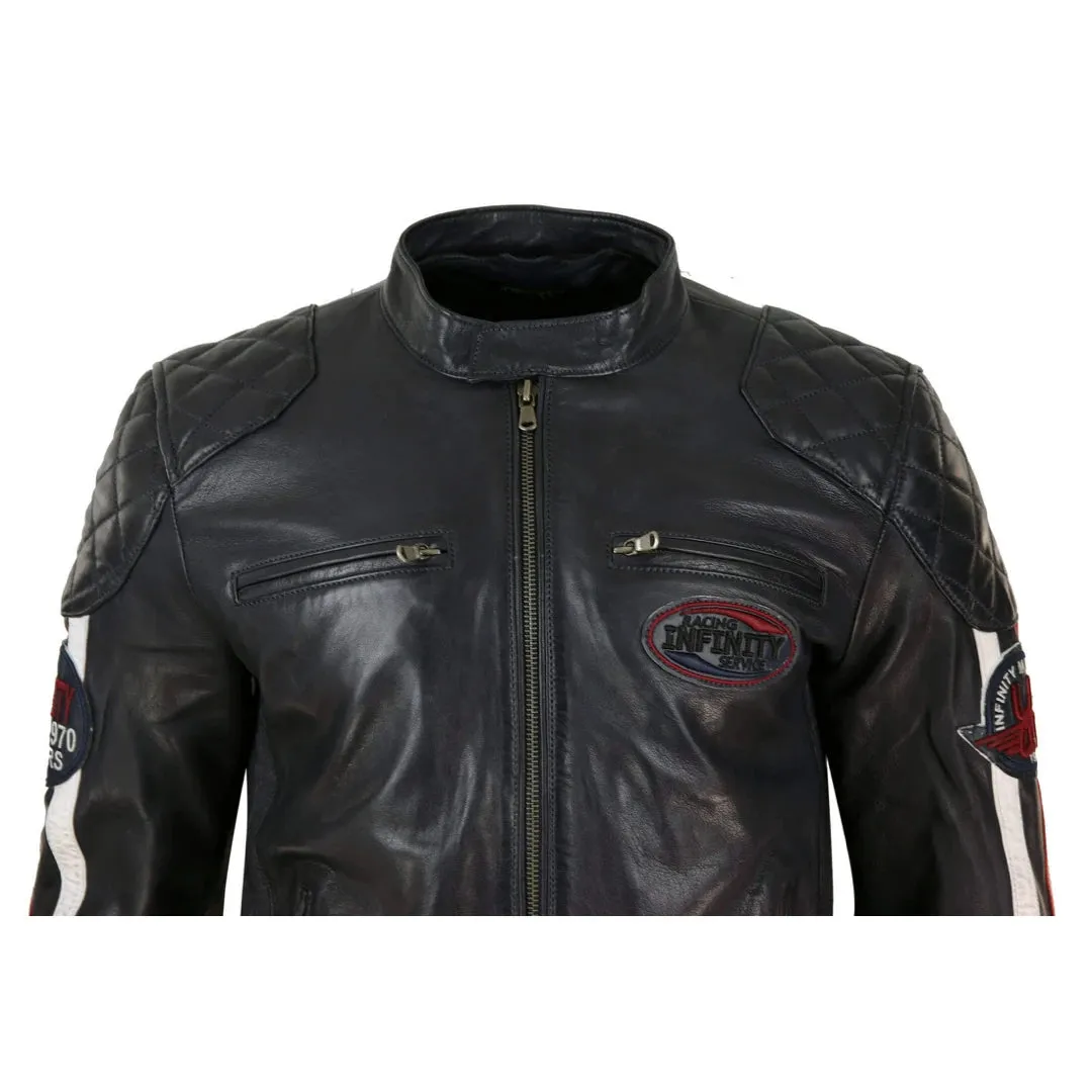 Men's Black Navy Brown Leather Racing Jacket Stripe Sleeves Moto Biker